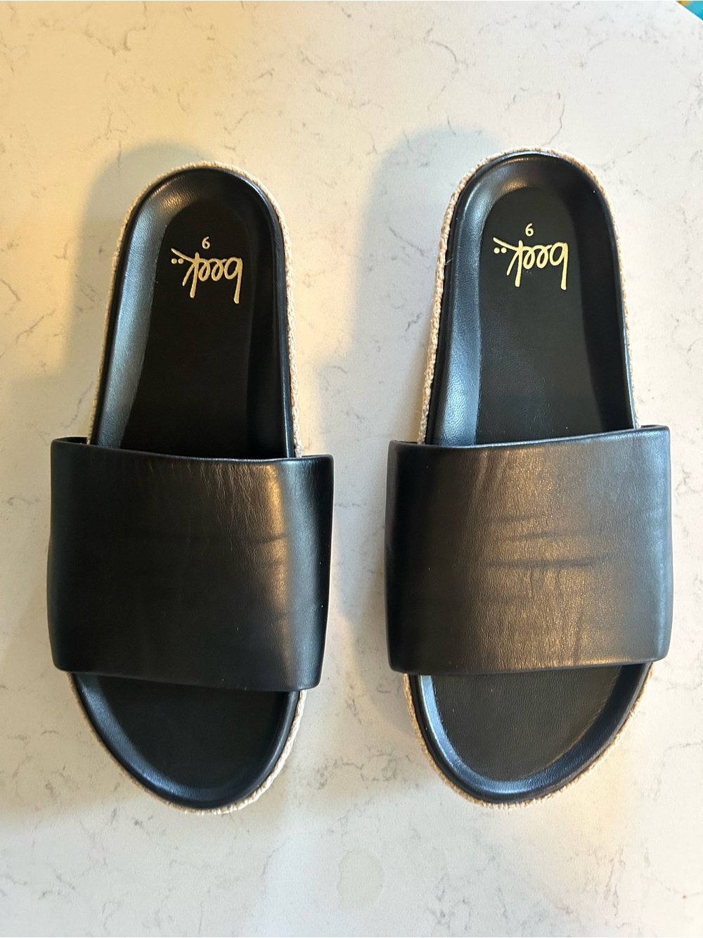 Like New Beek Pelican Jute Black Leather Platform Slide Sandals - Picture 9 of 16
